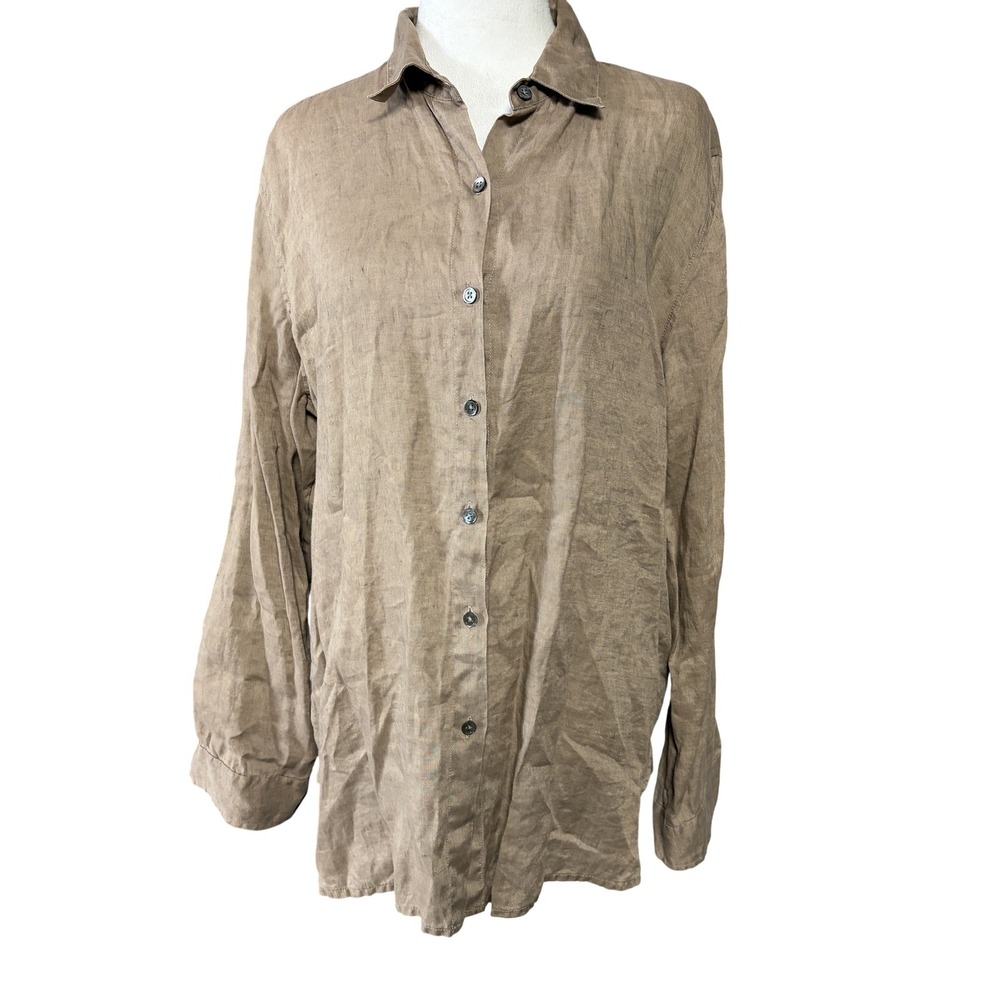 J Jill Linen Shirt Womens M Brown Button Up Long Sleeve Tunic Top Relaxed